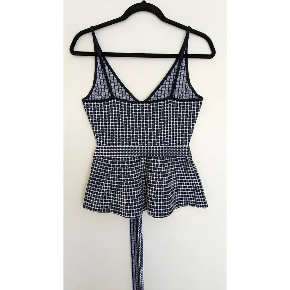 SCANLAN THEODORE Crepe Knit Plaid Strappy Top in Navy Blue, Small/8 - Picture 5 of 9